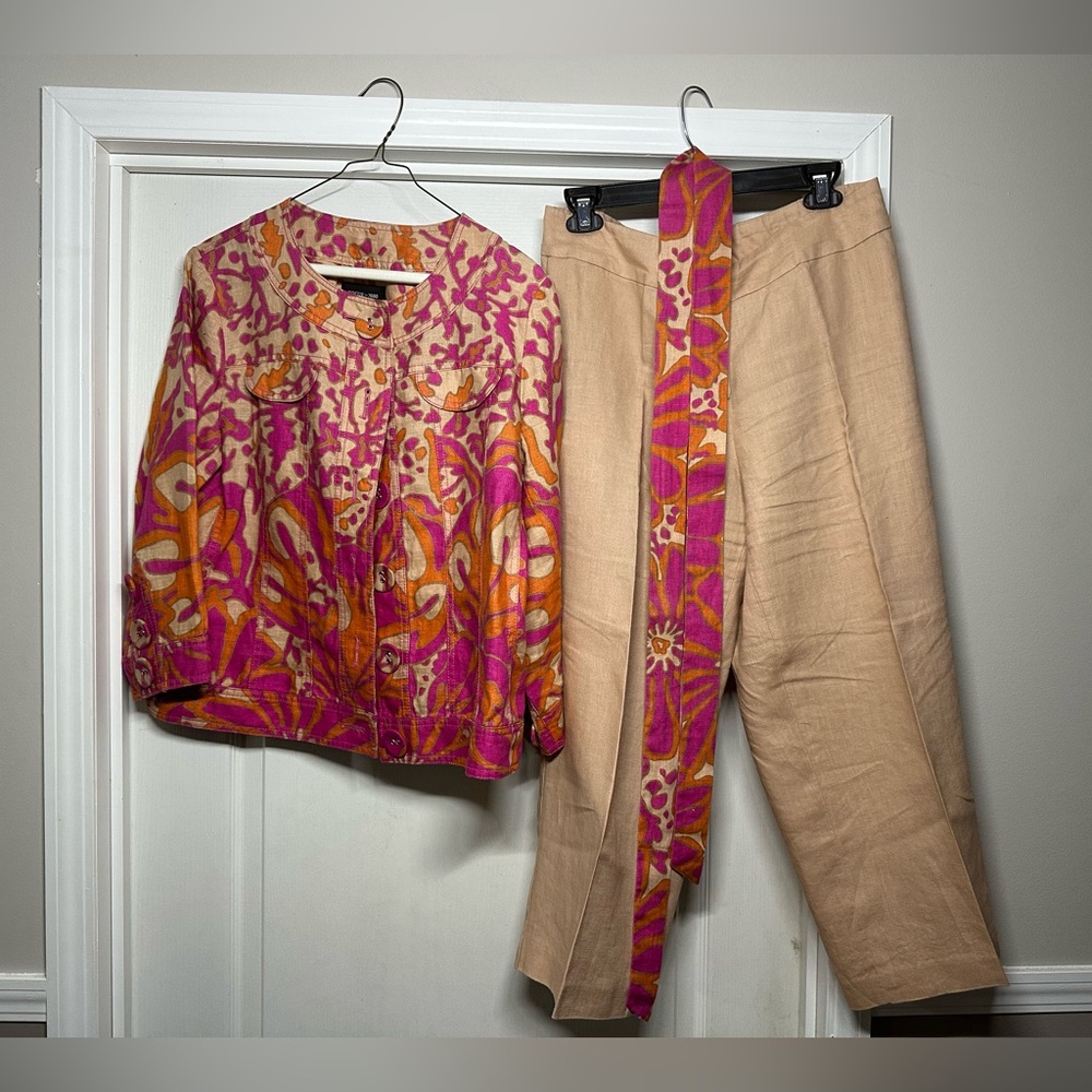 Focus 2000 Pink and Orange Abstract Floral Pattern Linen Blazer 8  pants  14